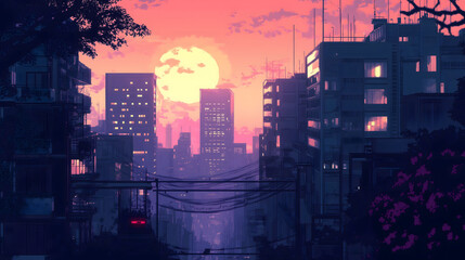 Dystopian Cityscape Glowing With Neon Lights at Twilight Under a Vibrant Sunset Sky. Generative AI