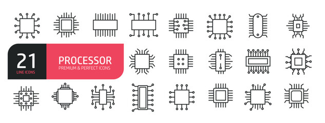 Set of line icons computer, processor, CPU, micro chip, electronic. Outline icons collection. Editable stroke. Vector illustration. stock illustration