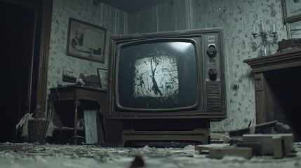 Abandoned Living Room with Vintage Television in Decayed Setting