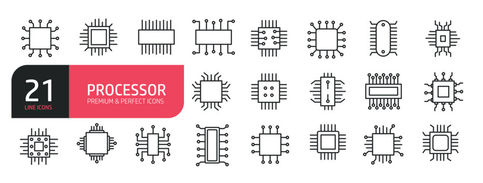 Set of line icons computer, processor, CPU, micro chip, electronic. Outline icons collection. Editable stroke. Vector illustration. stock illustration