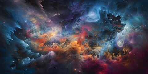 Fototapeta premium A vibrant, abstract image depicting a nebula with swirling colors of blue, red, orange, and purple.