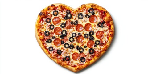 A pizza with pepperoni and olives is cut in half to form a heart shape