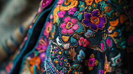 A close-up of intricate embroidery on traditional clothing with vibrant patterns and rich textures 