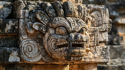 A close-up of intricate stone carvings and motifs on the walls of an ancient building 