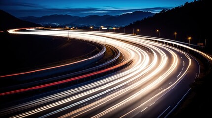Sunset on the winding highway showcases the dazzling light trails of cars 