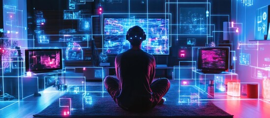 Person in VR headset surrounded by digital screens in a living room.