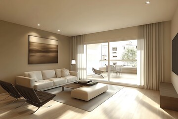 Fototapeta premium A 3D rendering displays a contemporary, vacant living room featuring a beige wall in an apartment, emphasizing a stylish interior design and an open layout.