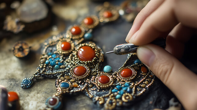 A jewelry maker crafting intricate ethnic jewelry using traditional techniques and materials 