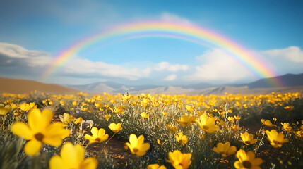 Magical rainbow arching over a field of blooming yellow wildflowers in the desert, wildflowers, magical. Rainbow Fields. Illustration