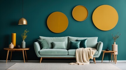 Teal-hued wall paired with mustard accents & modern sofa in stylish room 