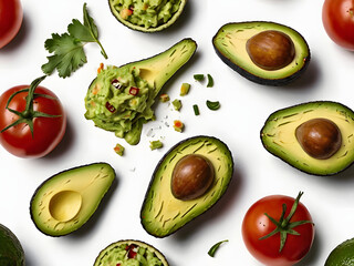 Fresh, ripe avocados and other healthy fruits and vegetables create a vibrant collage