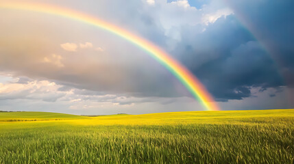 Naklejka premium Rainbow lighting up a cloudy sky after a passing rainstorm, casting soft colors on green fields. Rainbow Fields. Illustration