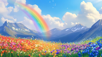 Fototapeta premium Rainbow over a field of wildflowers with mountains in the background. Rainbow Fields. Illustration