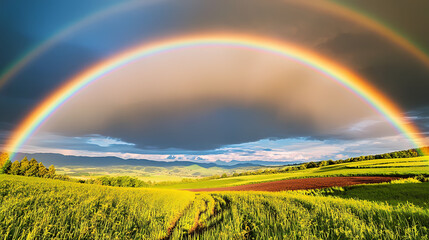 Obraz premium Stunning double rainbow arches over lush green fields and rolling countryside. Rainbow Fields. Illustration