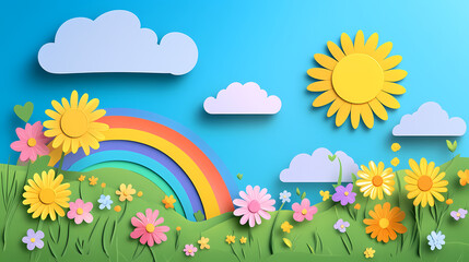 Sun and rainbow and clouds in the blue sky landscape frame, green meadow paper texture, kids fairy tale and nursery rhyme wallpaper. Rainbow Fields. Illustration