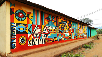 Fototapeta premium A vibrant wall mural depicting tribal art in bold patterns and earthy tones in a rural village 