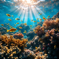 Naklejka premium Vibrant Underwater Coral Reef Scene with Sunbeams
