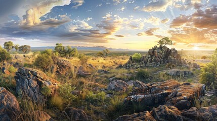 Fototapeta premium Stunning Rocky Landscape at Golden Sunset in African Savannah
