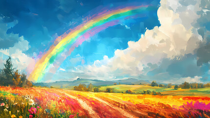 Naklejka premium Vibrant rainbow arcing over a rural landscape, painted in a whimsical style. Rainbow Fields. Illustration
