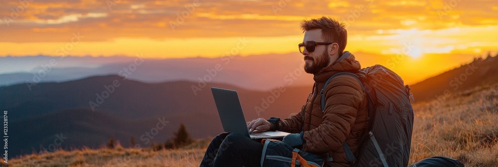 Aufkleber a digital nomad enjoying a panoramic sunrise while working on a laptop
