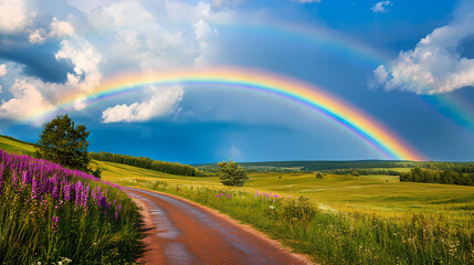 Vibrant rainbow stretching over a scenic field road. Rainbow Fields. Illustration