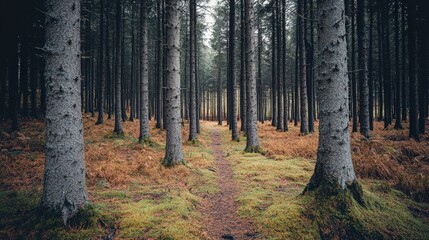 Fototapeta premium Serene Forest Pathway Through Tall Trees and Lush Underbrush