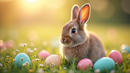 Cute brown bunny rabbit sitting in grass with pastel easter eggs and wildflowers, warm golden hour lighting, blurred background, peaceful easter scene