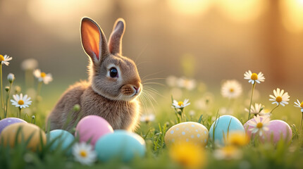 Cute brown bunny rabbit sitting in grass with pastel easter eggs and wildflowers, warm golden hour lighting, blurred background, peaceful easter scene