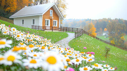 Obraz premium Autumnal hillside house, daisies, path. Relaxing rural escape
