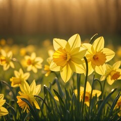 Obraz premium Radiant meadow blooms with golden daffodils under sun-kissed light 