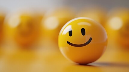 Fototapeta premium A bright yellow spherical emoji with a smiling face, repeated in the background, on a yellow surface