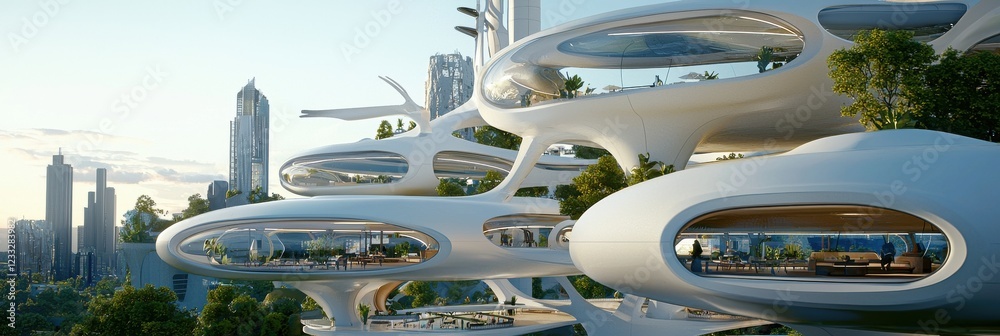 Aufkleber a futuristic sustainable community with wide shared spaces and smart technology