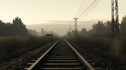 Obraz premium Serene railway tracks stretching into the foggy horizon with power lines and autumn trees