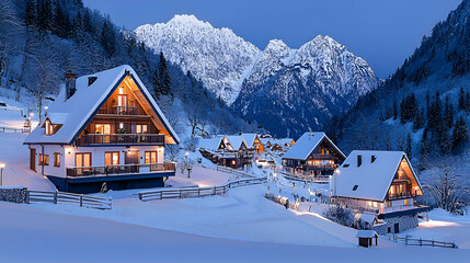 Snowy Alpine village at dusk, mountain backdrop, winter holiday rentals