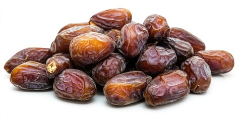 Obraz premium A pile of dried fruit, including dried dates, is on a white background