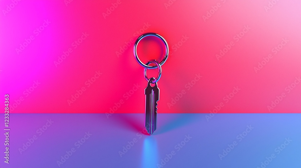 Poster a single key with keyring on pink and blue background
