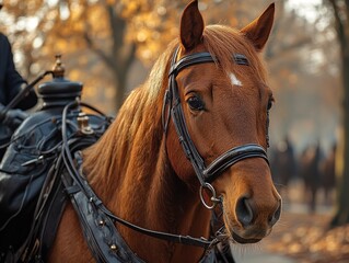 Obraz premium Close-up of a majestic brown horse harnessed for riding during fall season
