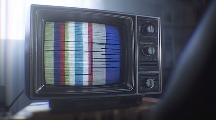 Vintage Television with Color Bars Displaying Static Noise