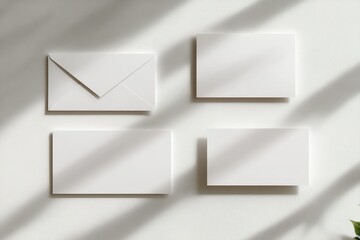 Elegant White Stationery Mockup:  Blank Cards and Envelope Set Against Soft Sunlight Shadows