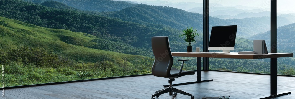 Poster A minimalist workspace designed with a wide view of rolling green hills