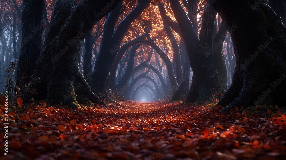 Poster a misty forest trail lined with ancient trees and carpeted in autumn leaves.