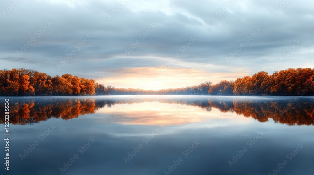 Leinwandbilder a panoramic view of a serene lake reflecting autumn trees and a cloudy sky