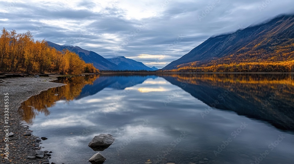 Poster a panoramic view of a serene lake reflecting autumn trees and a cloudy sky
