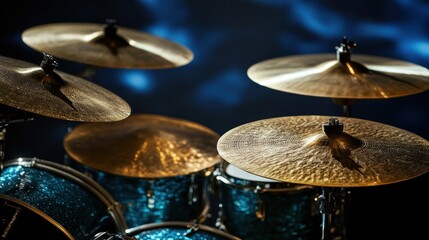 Obraz premium Close-up of a drum set with shimmering cymbals and vibrant colors.