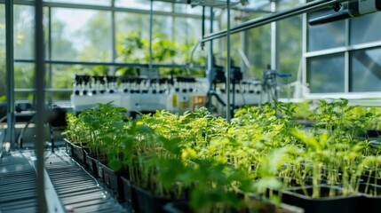Biotechnology research greenhouse with genetically modified crops, lush greenery under controlled conditions, Bioengineering style