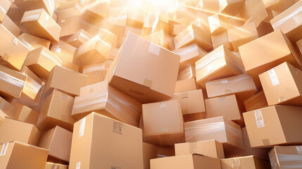 Numerous cardboard boxes stacked during afternoon light