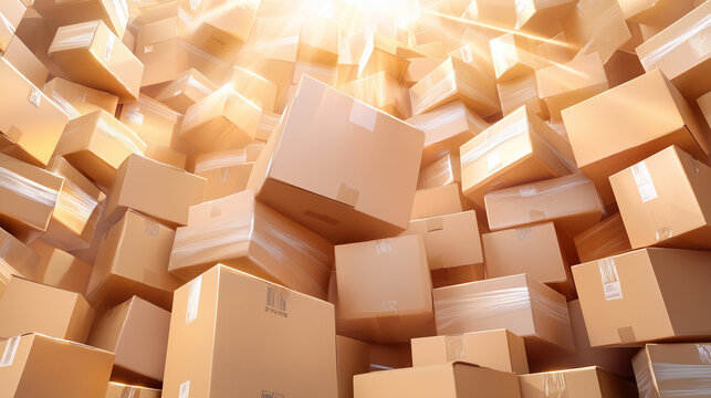Numerous cardboard boxes stacked during afternoon light