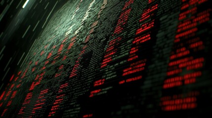 Digital Data Flow with Red Code on Dark Background in Cyber Space