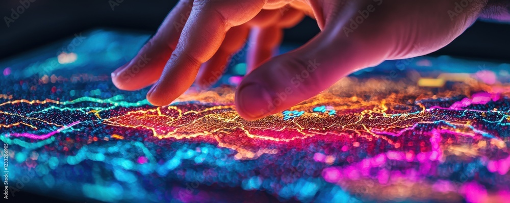Poster interactive technology visualization digital interface data analysis modern workspace close-up innov