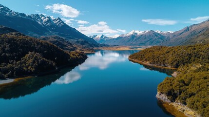 A scenic drone view of a crystal-clear lake surrounded by mountains